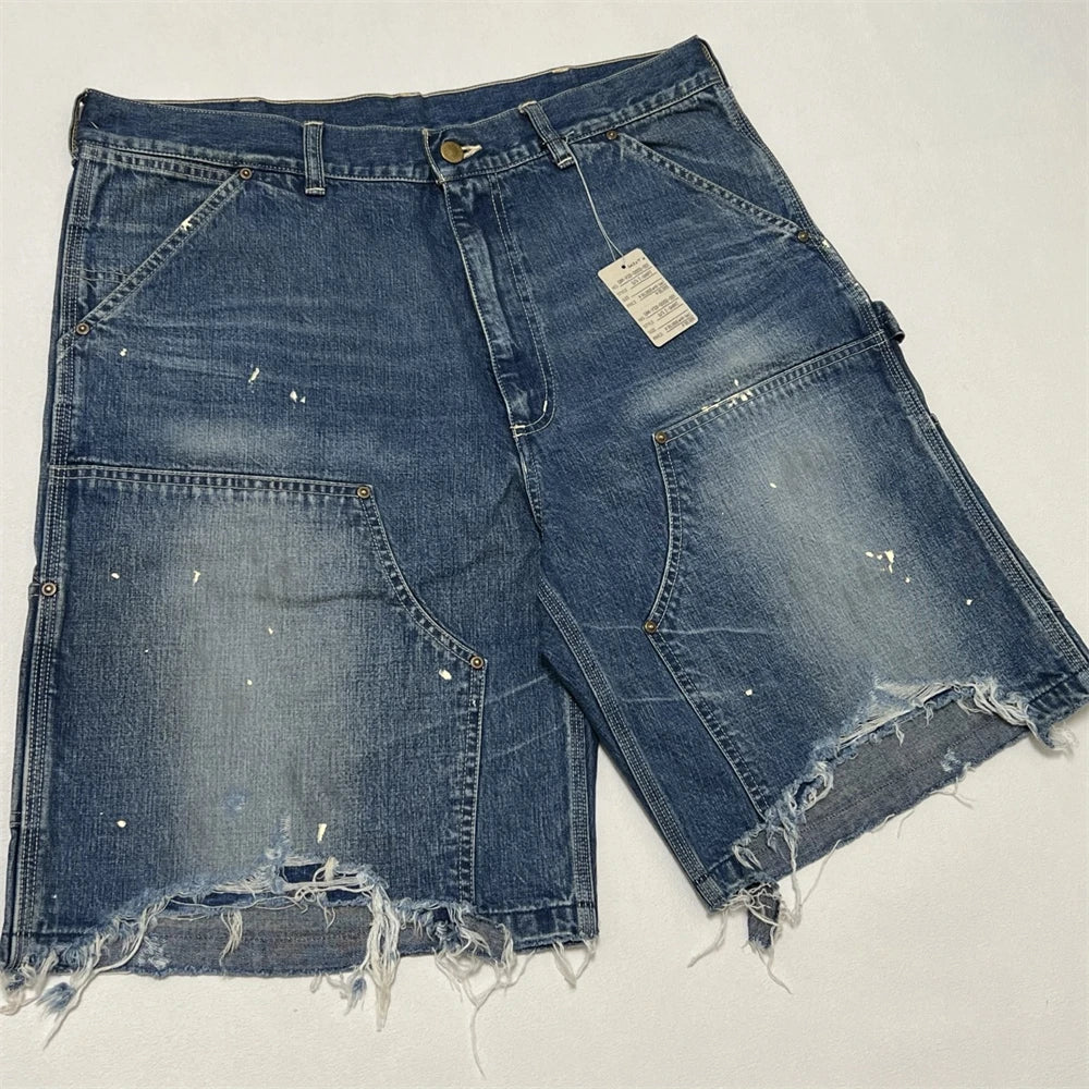Black Nice Washed Damaged Saint DOUBLE KNEE Zipper Denim Shorts Men Women Oversized Shorts