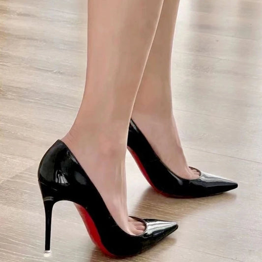 Sexy Black Bed High Heels For Women 10cm Stiletto Pointed Toe Nude Pumps Red Shinny Bottom Ladies Nightclub Prom Party Shoes  43
