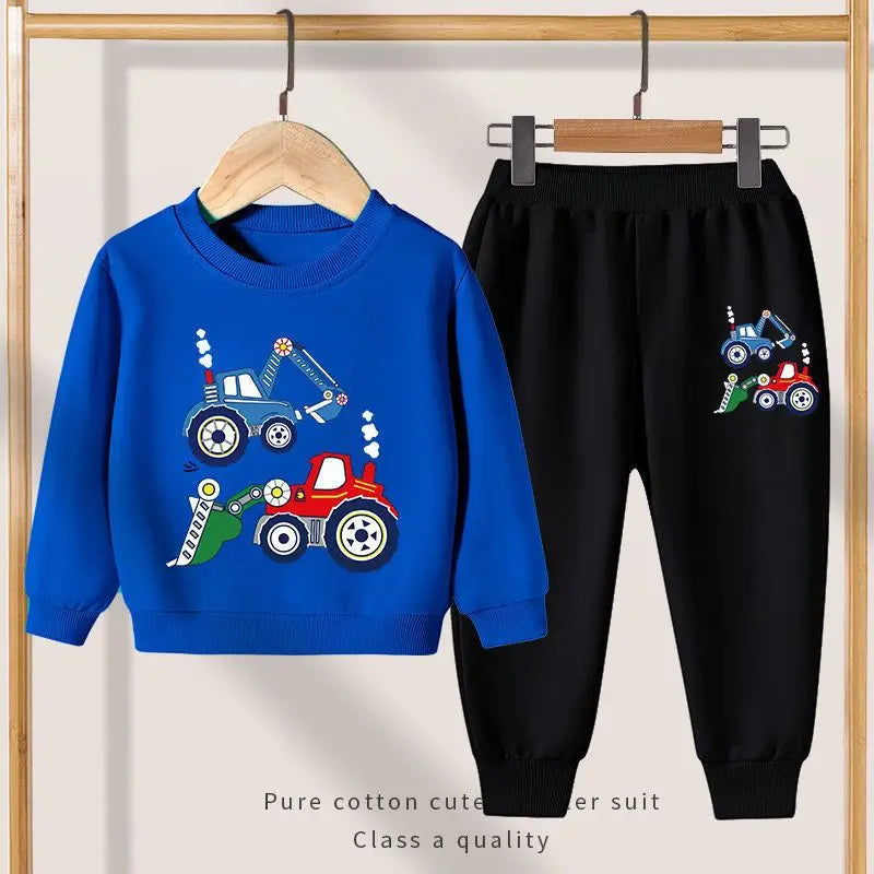 Autumn Boys Kids Clothing Sets Car Print Long Sleeved Loose Pullover Sweatshirts+Pocket Long Pants 2 Piece Children's Sweatsuits
