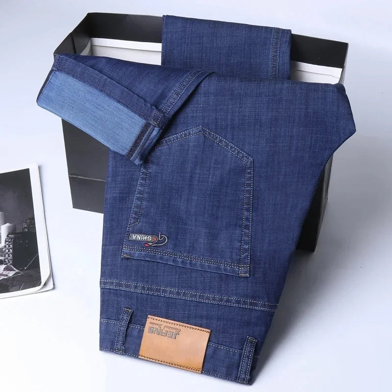 Denim Pants Men Straight Cotton Stretch Jeans Business Classic Casual