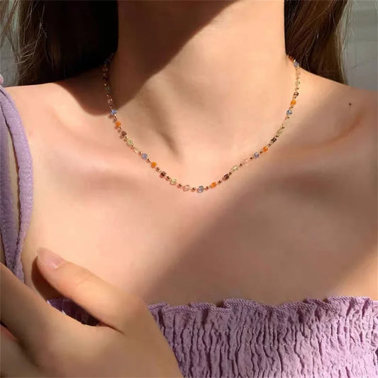 Simple Colorful Square Acrylic Choker Fashion Gold Color Bead Chain Necklace Vintage Crystal Necklace For Women  Party Jewelry
