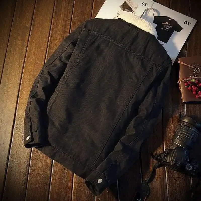 Autumn Winter Male Fashion Trend Lamb Fleece Denim Jacket Men Casual  Jean Coats