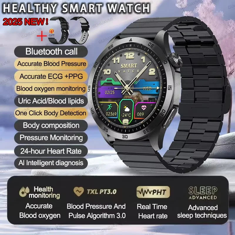 For iOS Android New Health Measurement SmartWatch Men Blood Oxygen Uric Acid ECG+PPG Body Blood Pressure HD Bluetooth Call Watch