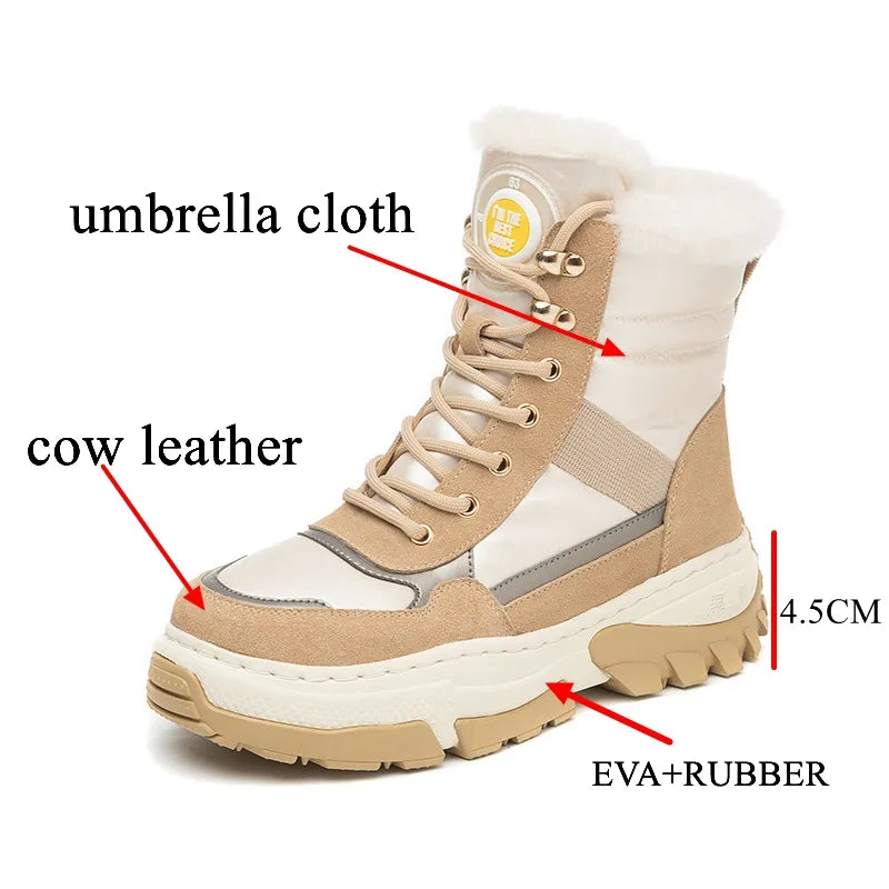 Autuspin Snow Boots Women Winter Fashion Flat Platform Genuine Mid-calf Boots