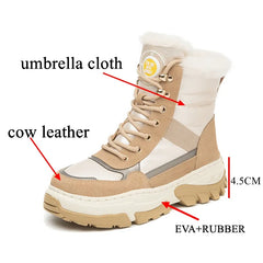 Autuspin Snow Boots Women Winter 2023 Fashion Flat Platform Genuine Mid-calf Boots Ladies Female Outdoor Keep Warm Shoes