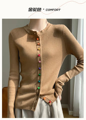 Women's 100% Merino Wool Sweater Round Collar Colorful Buckles Slim Fit Cardigan