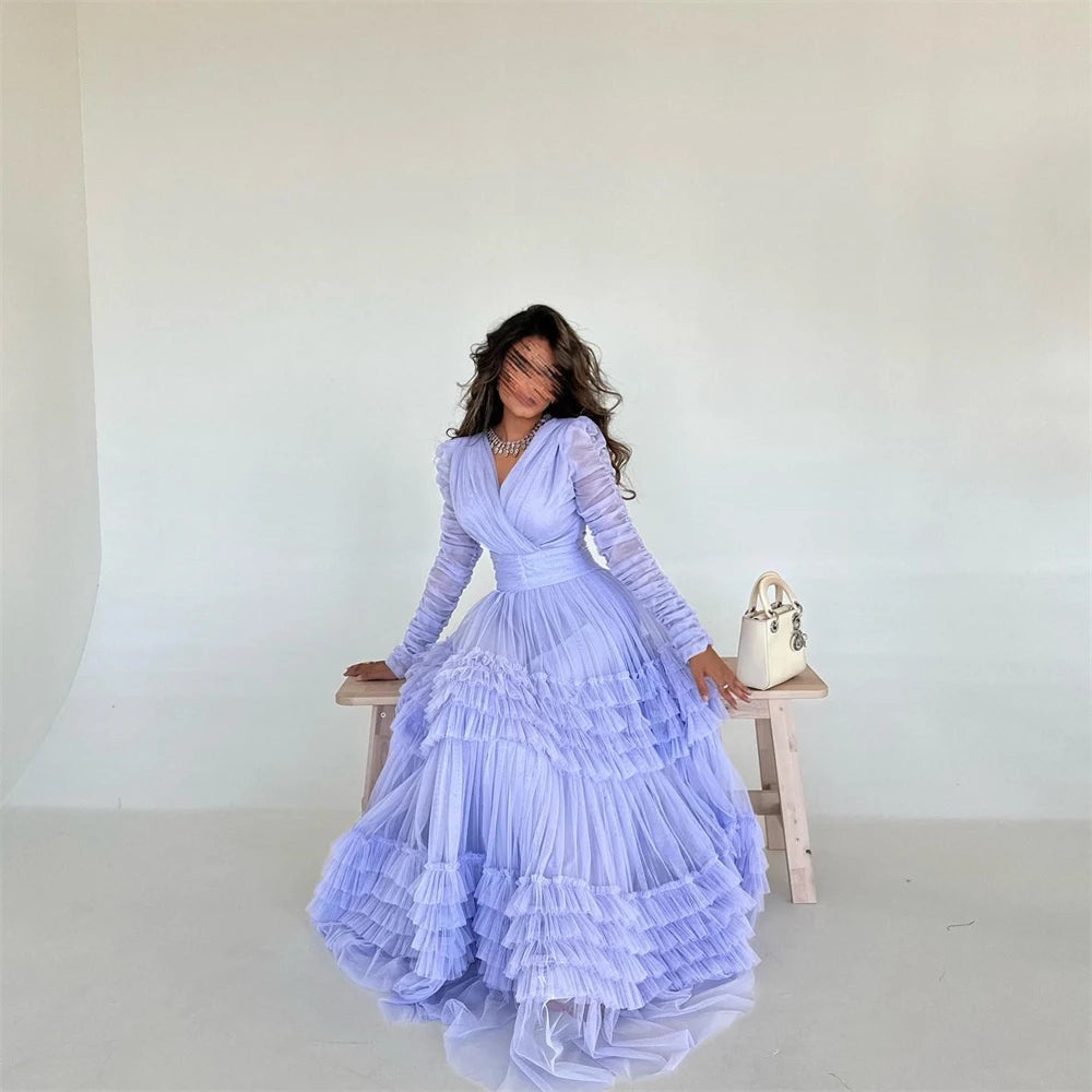 Homecoming Dresses: Prom Dress V Neck Long Sleeve Tulle Formal Occasion