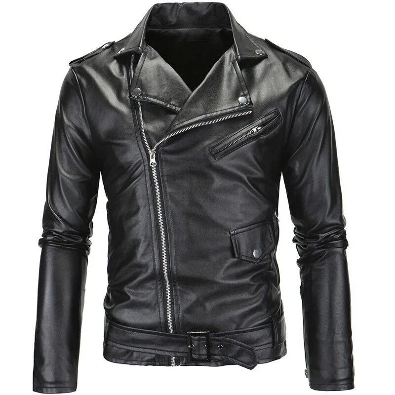 Mens Leather Jackets White Black Casual Lapel Slim Fit Diagonal Zipper