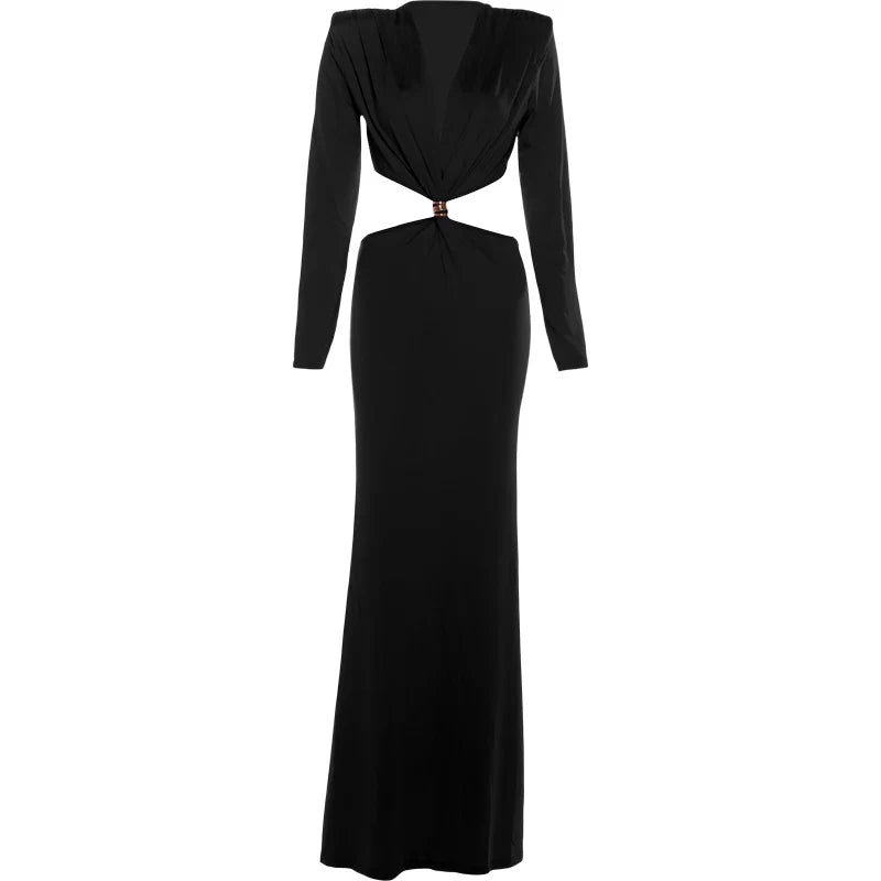 kliou Waistless V-neck Women Maxi Dresses Classic Elegant Lapel Full Sleeve V-neck Sheath Vestidos Female High Street Bodycon