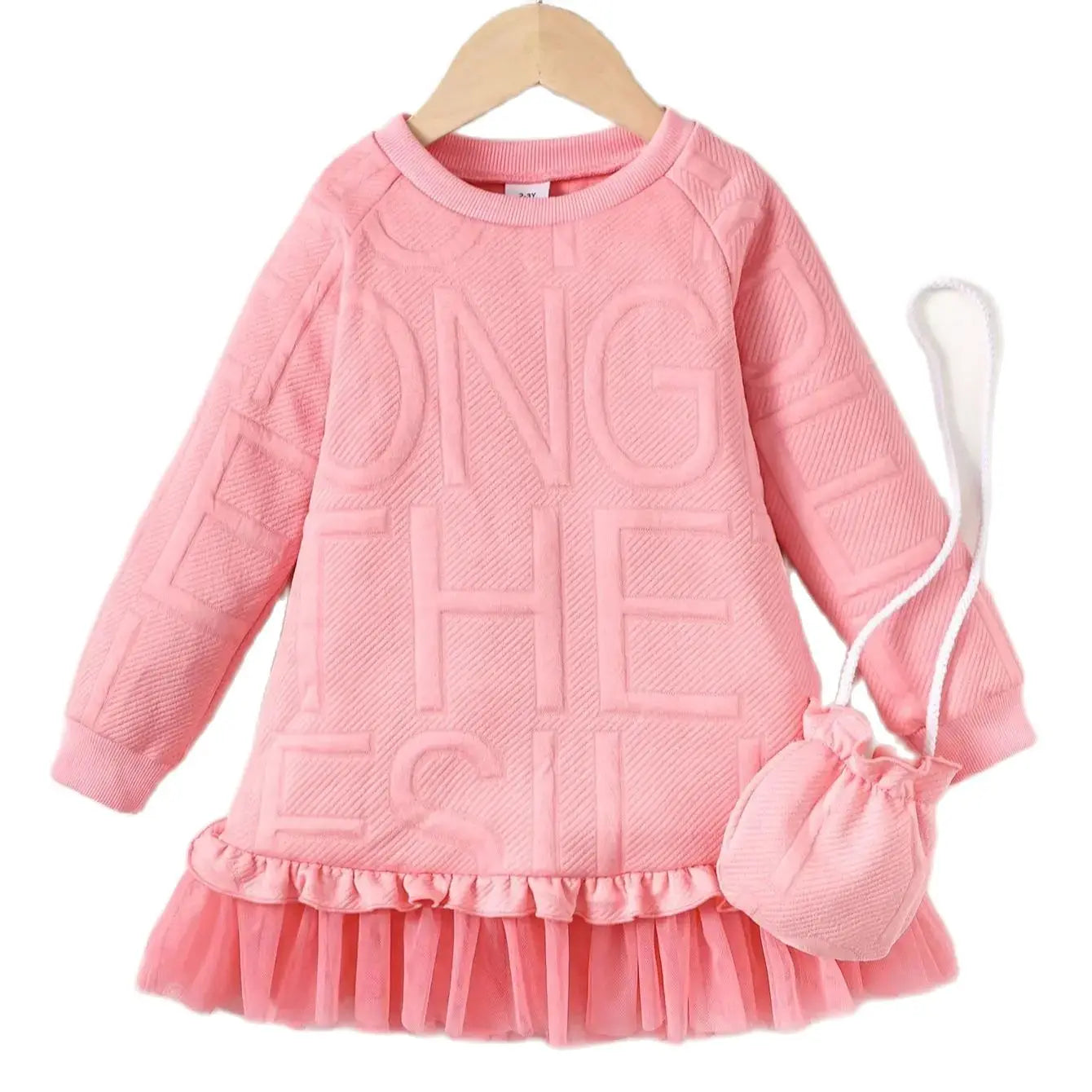 Children Girl Embossed Letter Long Skirt Autumn Long Sleeve Dress