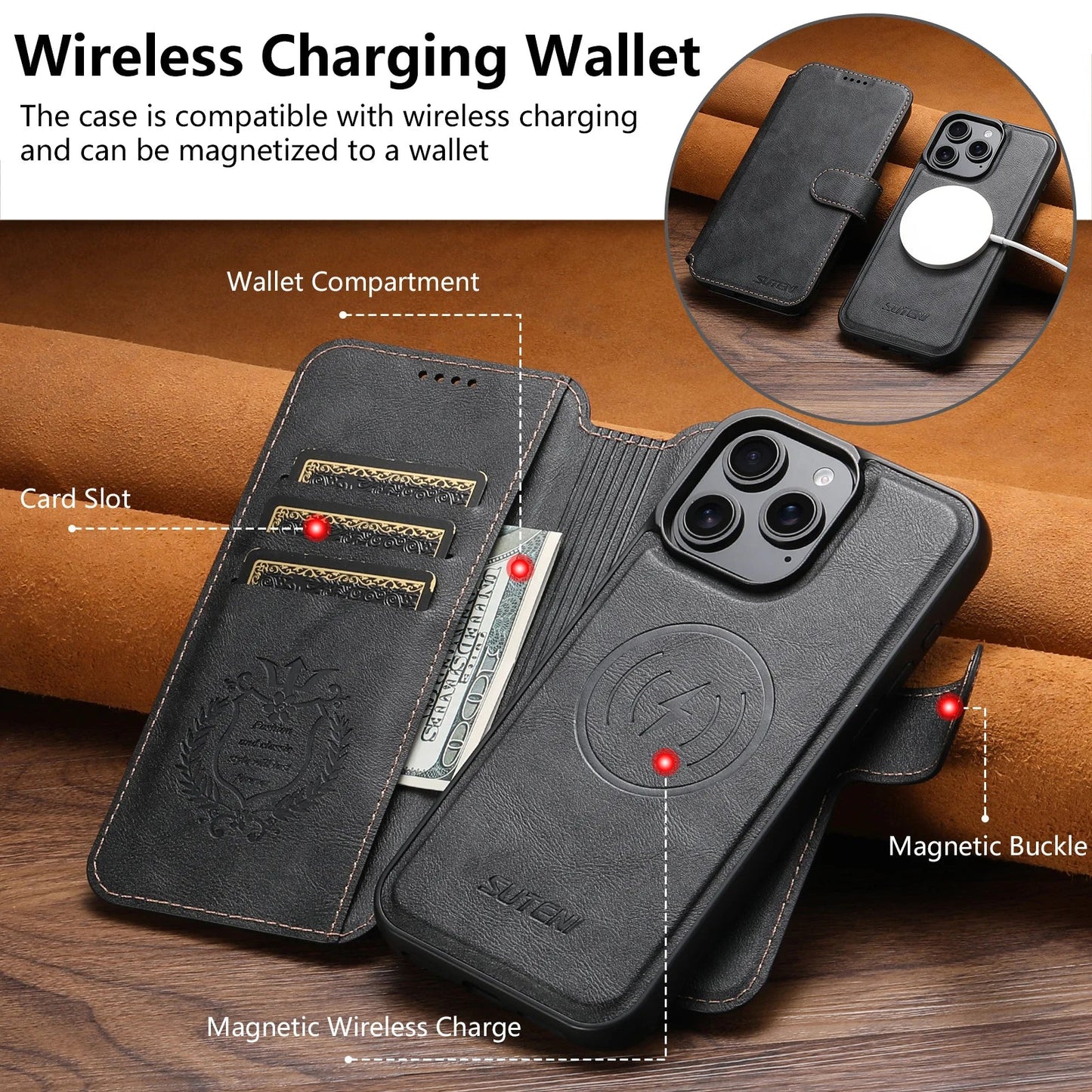 PU Leather Wireless Charging Card Holder Stand Wallet Magnetic Flip Cover Phone Case For iPhone 17 Pro Max 16 Plus 15 14 13 12