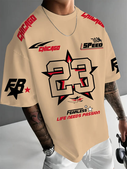 New Summer Men's Chicago Black Red and White Printed 23 Pattern Round Neck Breathable Casual T-shirt Loose Outdoor Top