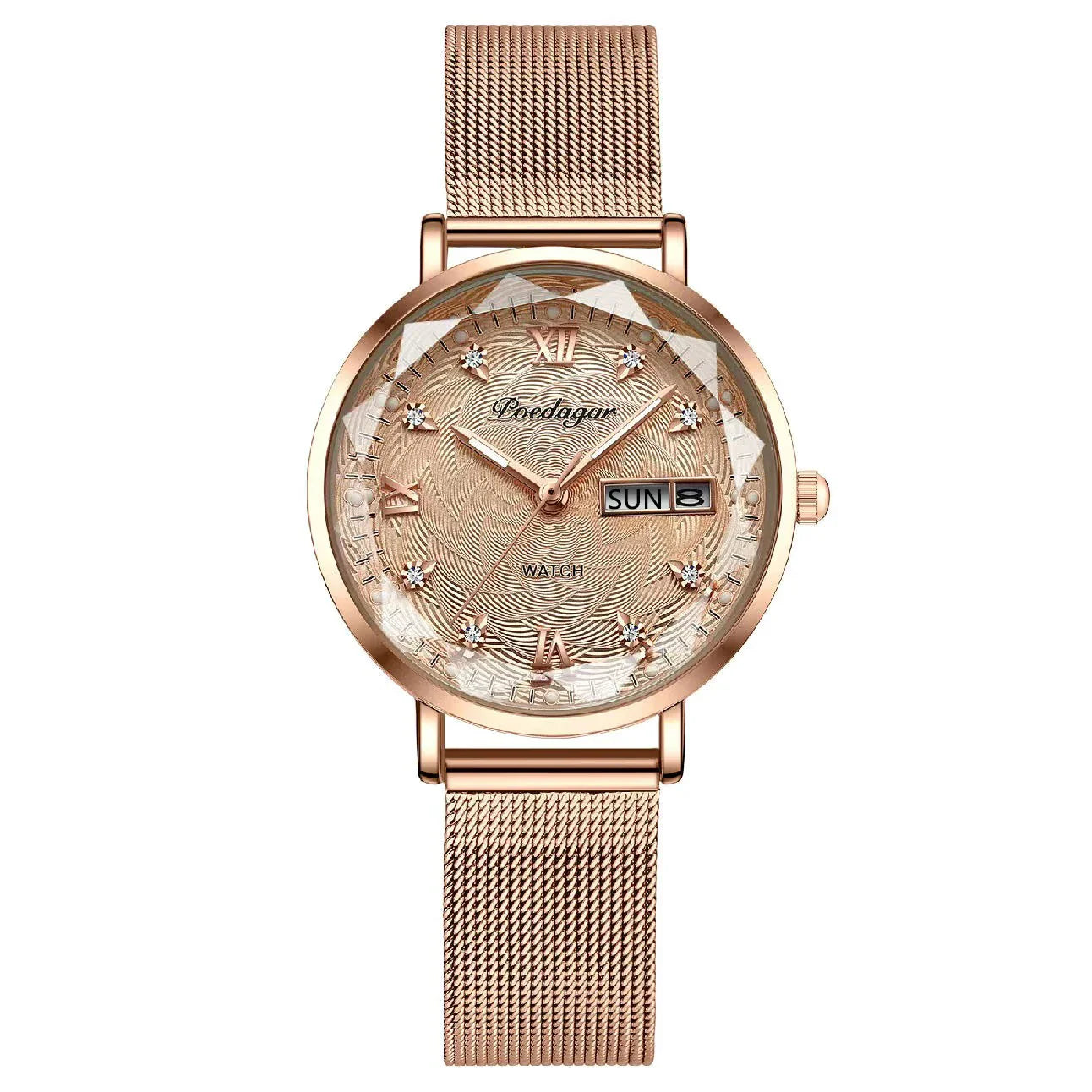 POEDAGAR Elegant Luxury Women Watch Waterproof Luminous Date Week Ladies Watches Fashion Stainless Steel Quartz Woman Wristwatch