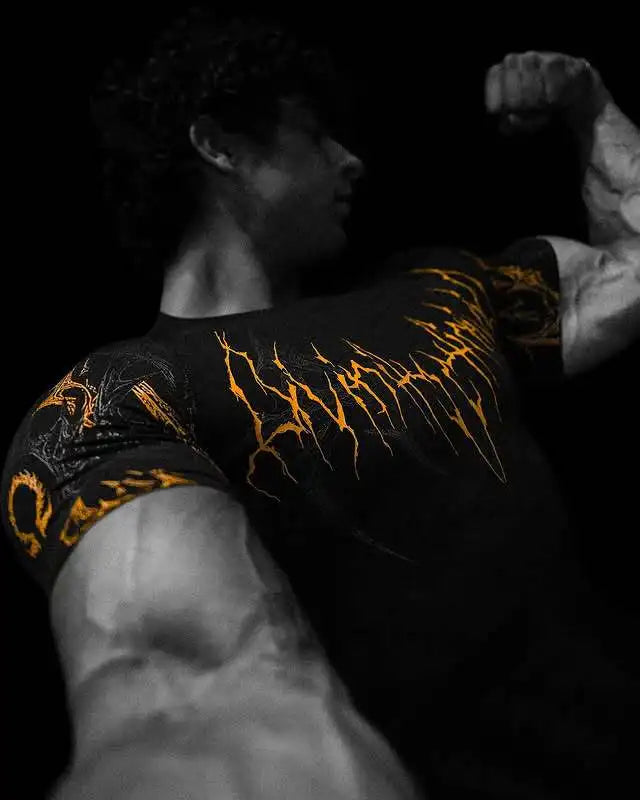 GYM T-shirt Men's Dark Gothic Print Muscle Tee  High Elasticity And Quick Drying Exercise For Bodybuilding Training 2025 Summer