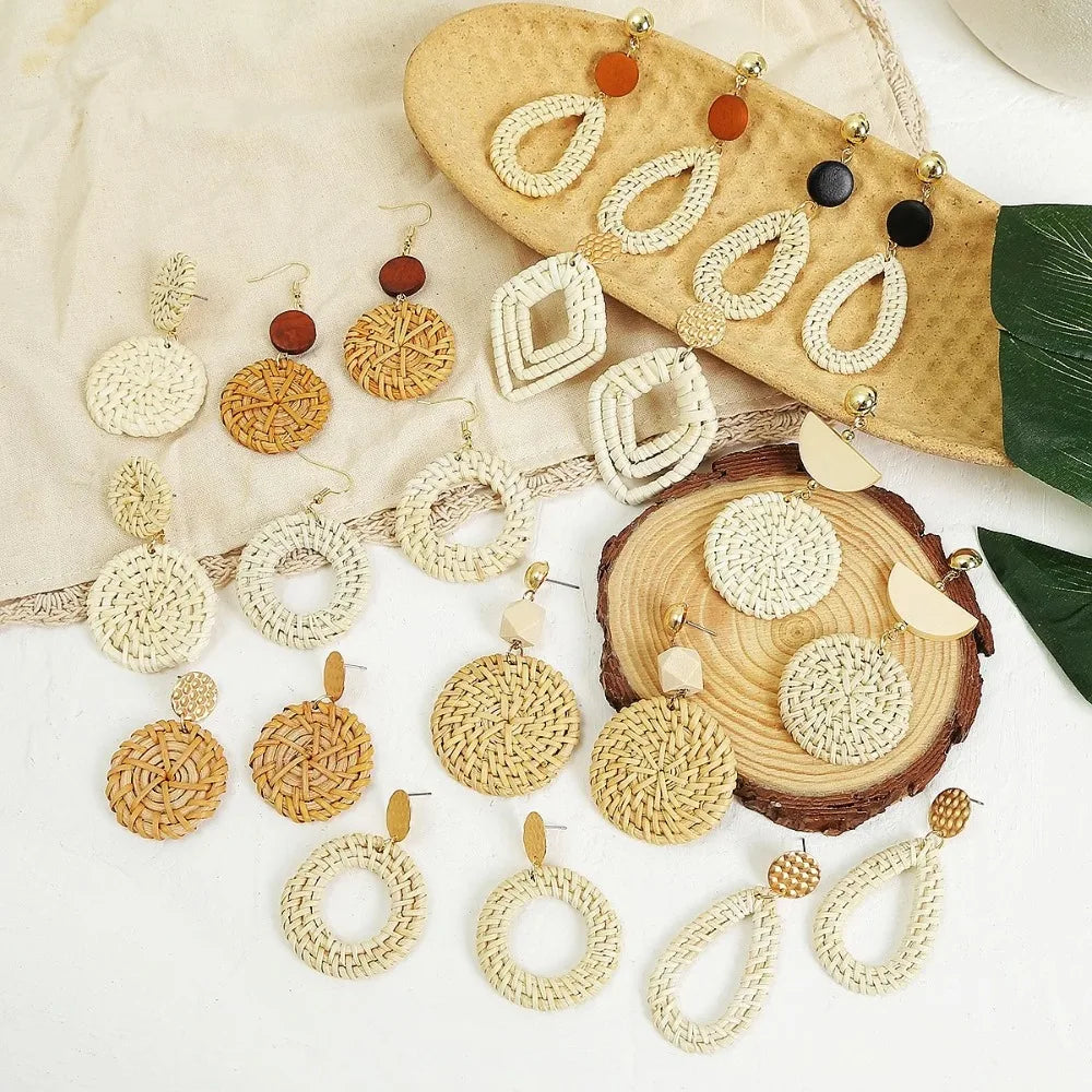 Personality Bamboo Rattan Hand-woven Geometry Drop Dangle Earrings for Women Temperament Summer Beach Stud Jewelry Holiday Gift