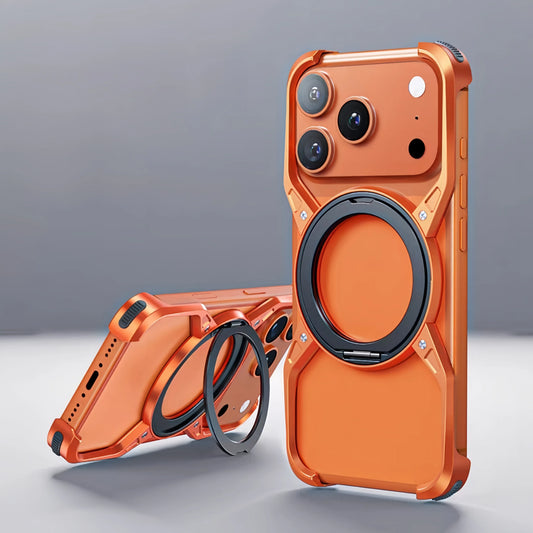 Metal Alloy Punk Frame Phone Case For iPhone 17 16 15 14 13 Pro Max 360 Rotating Bracket Magsafe Ring Magnet Stand Bumper Cover