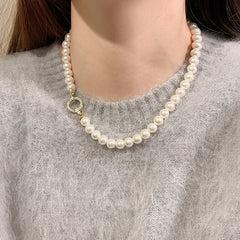 French Elegant Micro Set Zircon Round Buckle Imitation Pearl Beaded Necklace