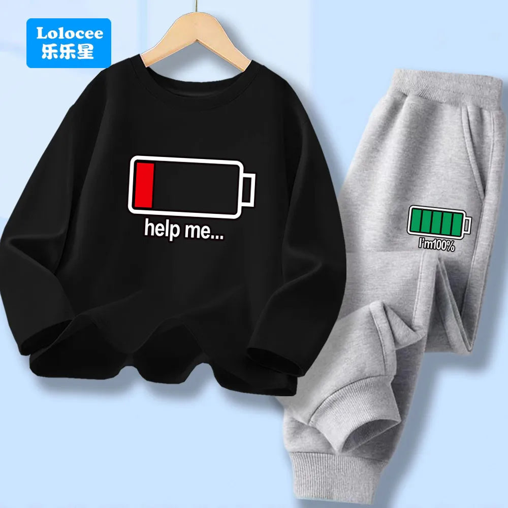 Autumn Kid Boy Long Sleeve 2pcs Clothes Set Children Funny Battery Letter Printed T-shirt Pullover Top And Pants Tracksuits DCW1