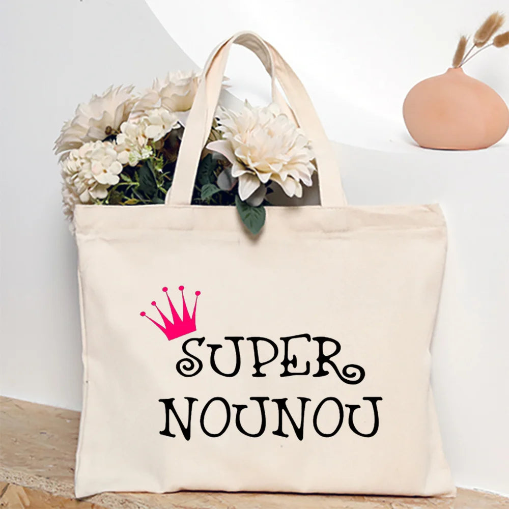 Merci Nounou French Printed Women Shoulder Bag Canvas Tote Bag Female