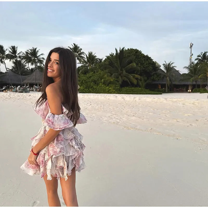 Fashion Flower Printed Ruffles Mini Dress For Women Chic Chiffon Bodycon High Waist Vestidos 2025 Lady Vacation Street Gowns New