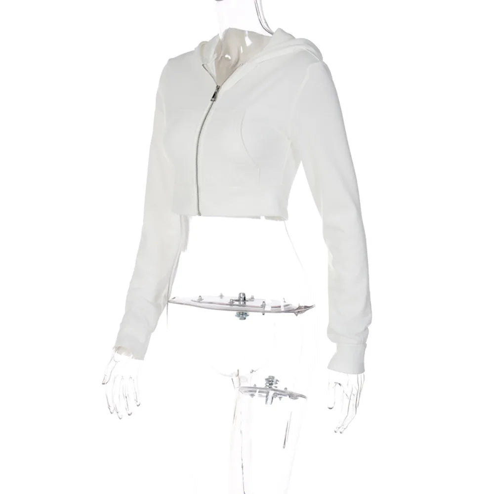 Y2K Aesthetic Vintage Basic Zip Up White Cropped Hoodies 2000s