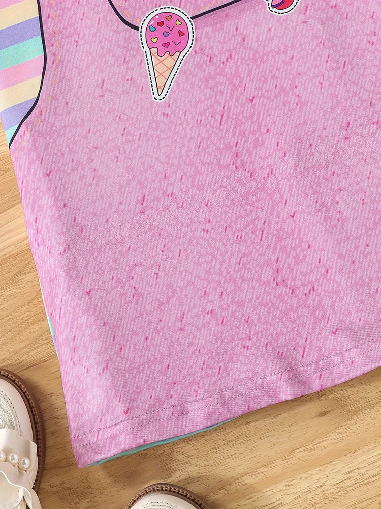 Girls Cute Cat Print Striped Casual Vacation Outing T-Shirt Dress