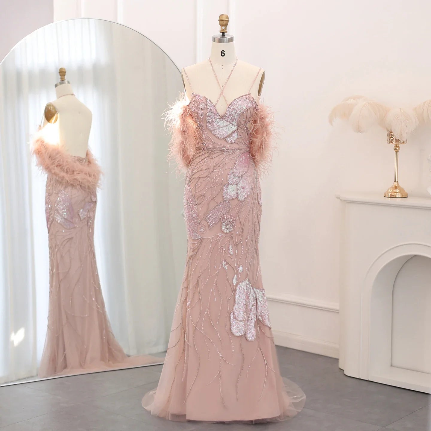 Homecoming Dresses: Evening Dresses with Feathers Scarf Spaghetti Straps