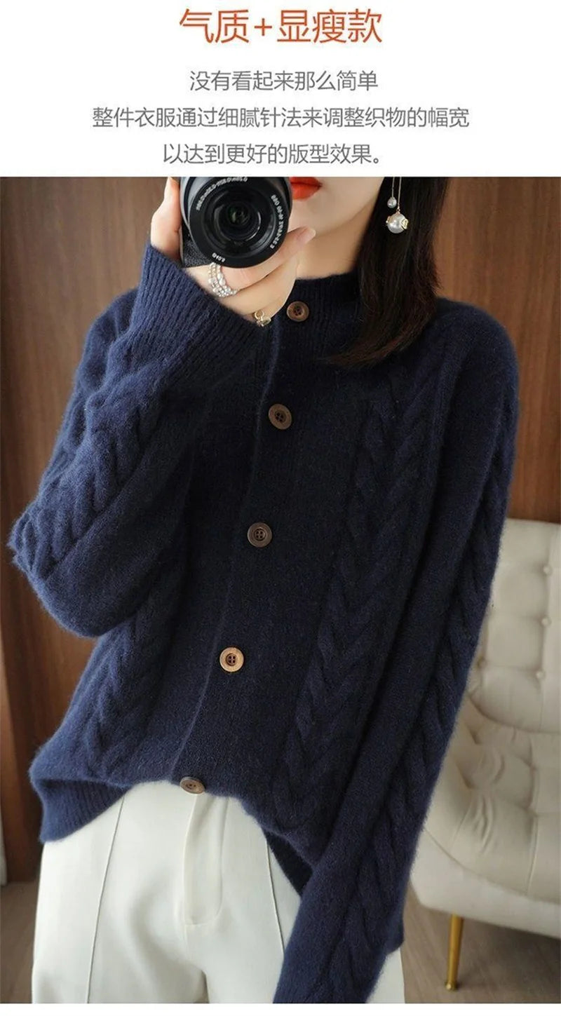 Half High Collar Twists Knitted Cardigan Autumn And Winter High-End Casual Loose