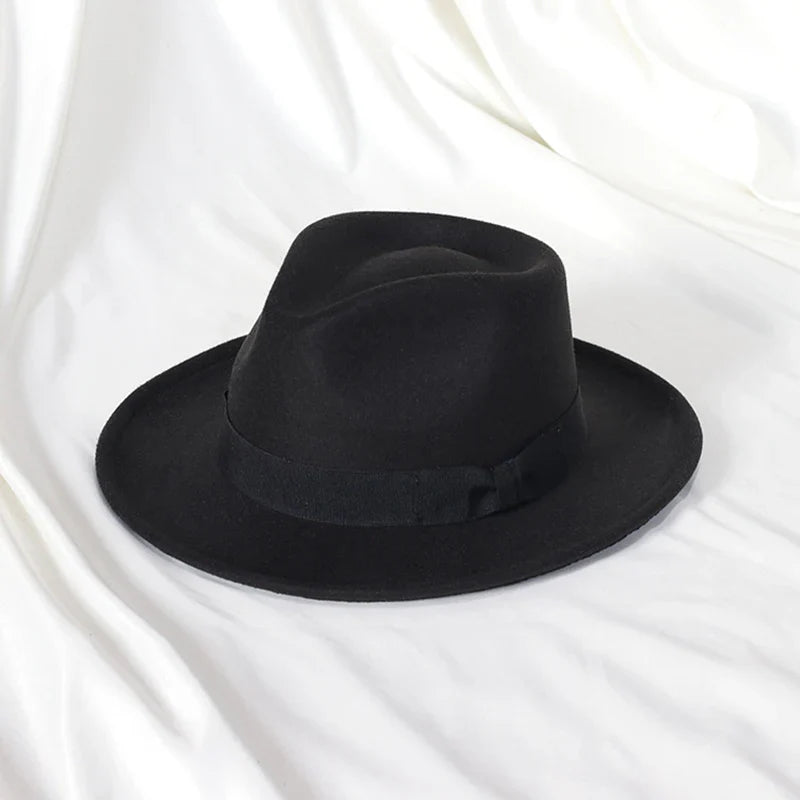 2022 New Fashion Men Fedoras Hat Women's Jazz Hat with Bow Tie Elegant Spring Black Woolen Blend Cap Outdoor Casual Felt Hat