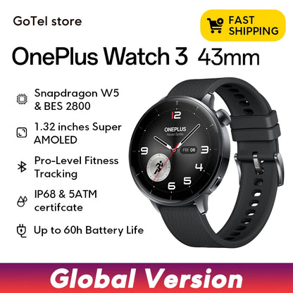 OnePlus Watch 3 43mm Global Version Smart Watch 1.32" AMOLED Smart Watch Display Up to 60h Battery Life Wear OS by Google GPS NF