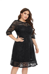 Plus Size Contrast Lace Semi Sheer 3/4 Sleeve Midi Dress, Women's Plus Slight Stretch