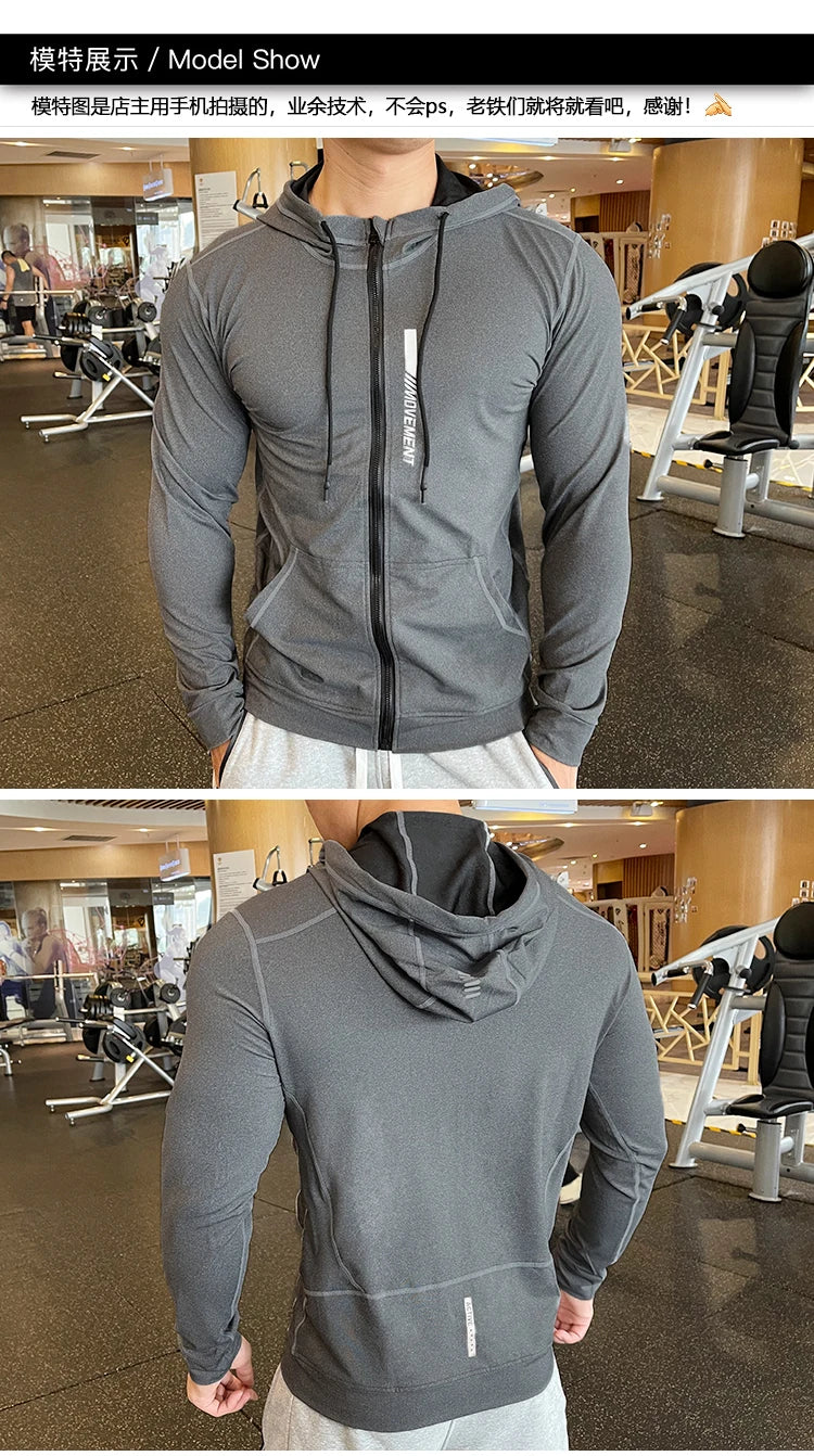 Men's Sports Hoodies Quick Dry Elastic Hooded Male Fitness Running Jackets Outdoor Gym