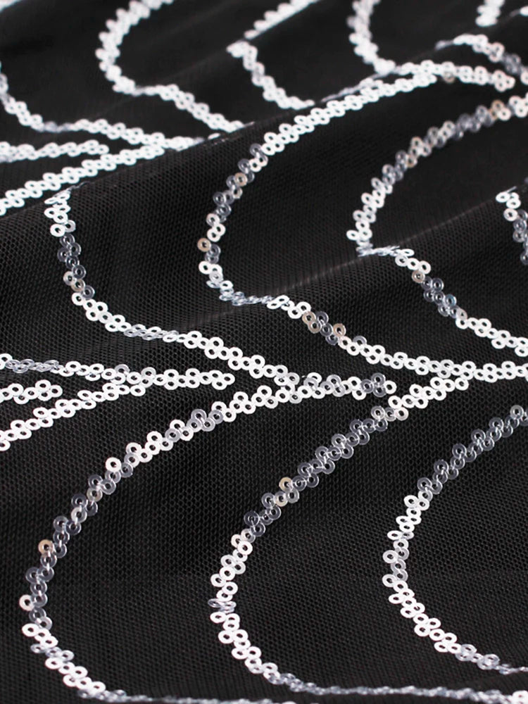 Evening wear Dresses:  O Neck Stretch Sequin Formal Gown Padded Shoulder Dress