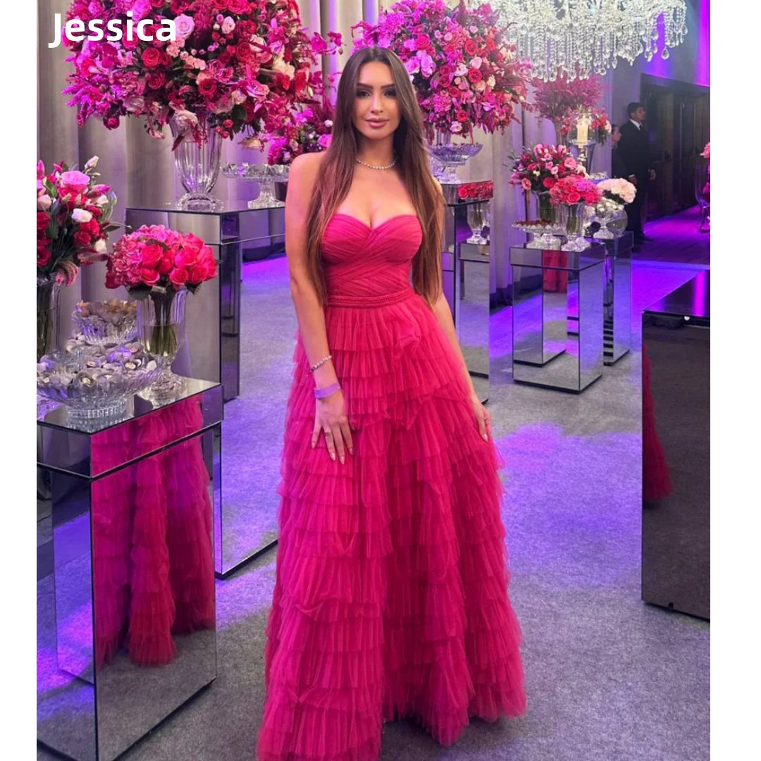 Homecoming Dresses: Pink Prom Dresses Strapless Handmade Tulle Evening Dresses