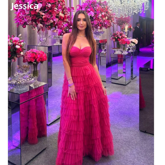 Homecoming Dresses: Pink Prom Dresses Strapless Handmade Tulle Evening Dresses
