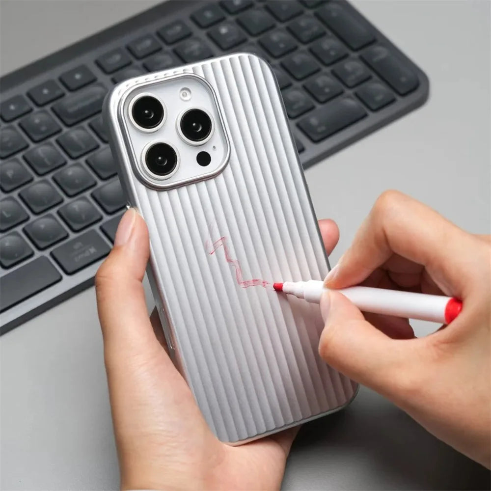 Stripes Metallic Paint Armor Case For iPhone 17 Air 16 15 14 13 Pro Max Shockproof Camera Protective Slim Matte PC Funda