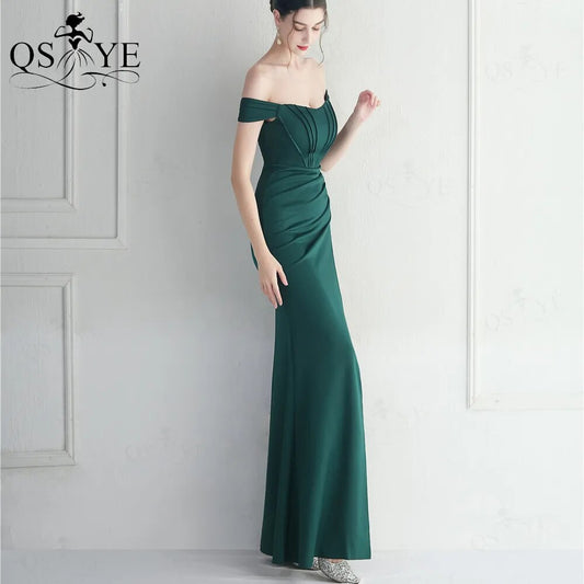 Off Shoulder Green Long Prom Dress Ruched Bodice Split Party Gown