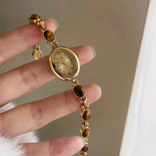 Luxury Vintage Quartz Women's Watches Fashion Natural Green Jade Bracelet Clock Numerals Small Oval Dial Watch Woman Accesories