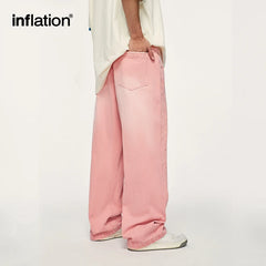 Pink Wide Leg Jeans Unisex High Street Washed Denim Pants Mens