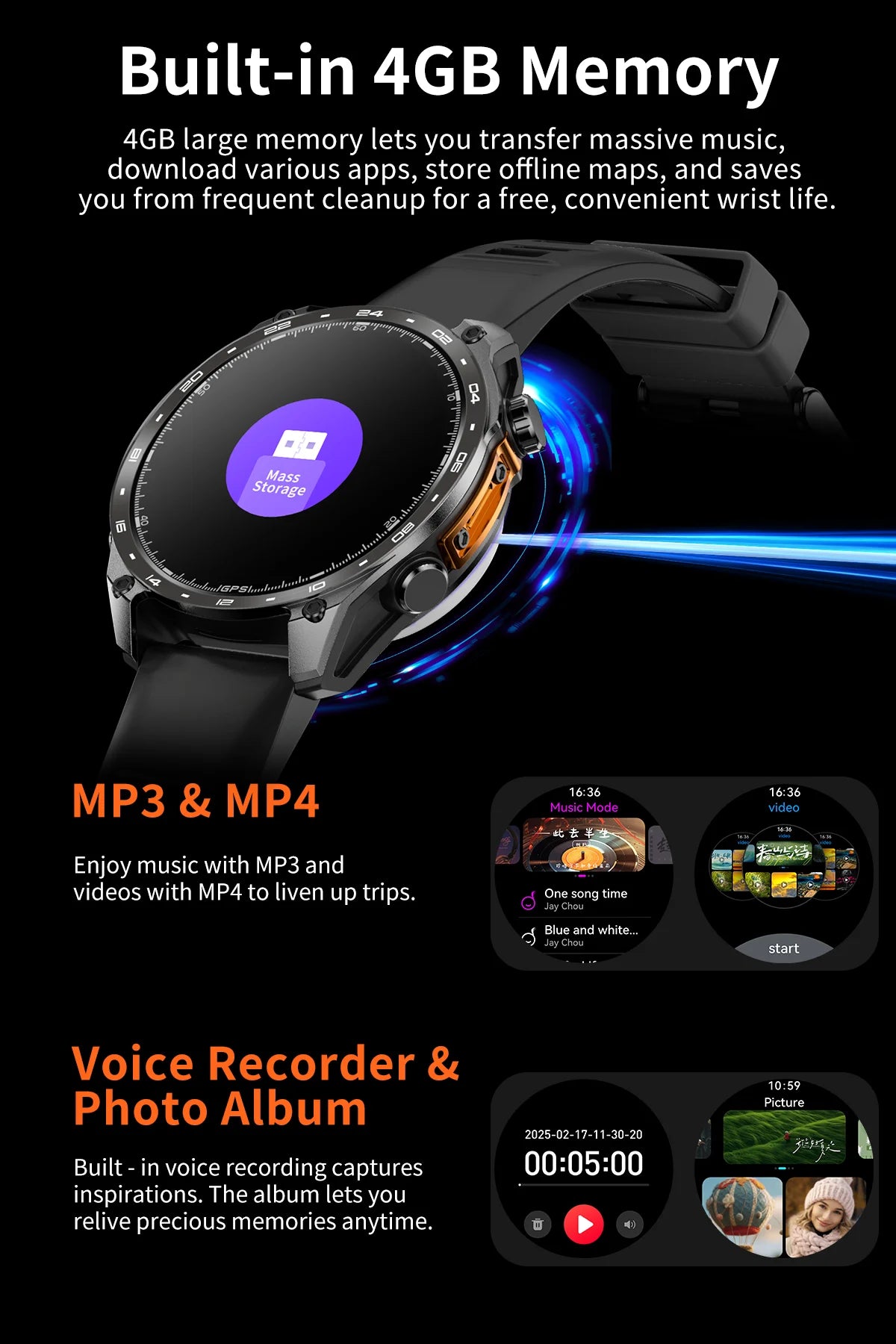 2025New Built-in GPS Offline Map Position Smart Watch Men 4GB Memory 3ATM Waterproof MP3/4 Compass BT Call Swim Sport Bracelets