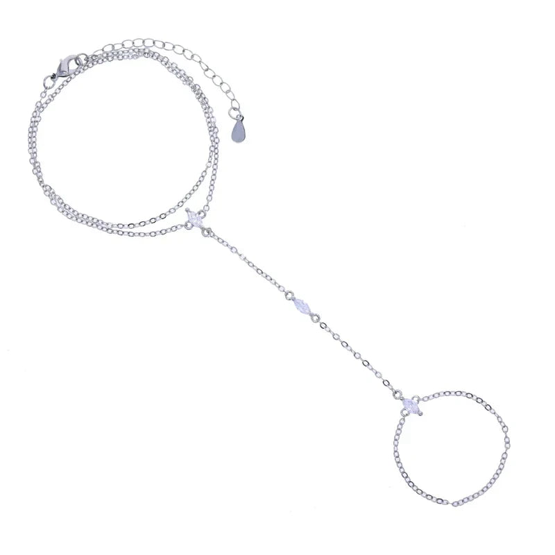 2025 New Geometric Marquise Cubic Zirconia CZ Paved Double Wrist Hand Chain Bracelet Simple Fashion Women Finger Slave Jewelry