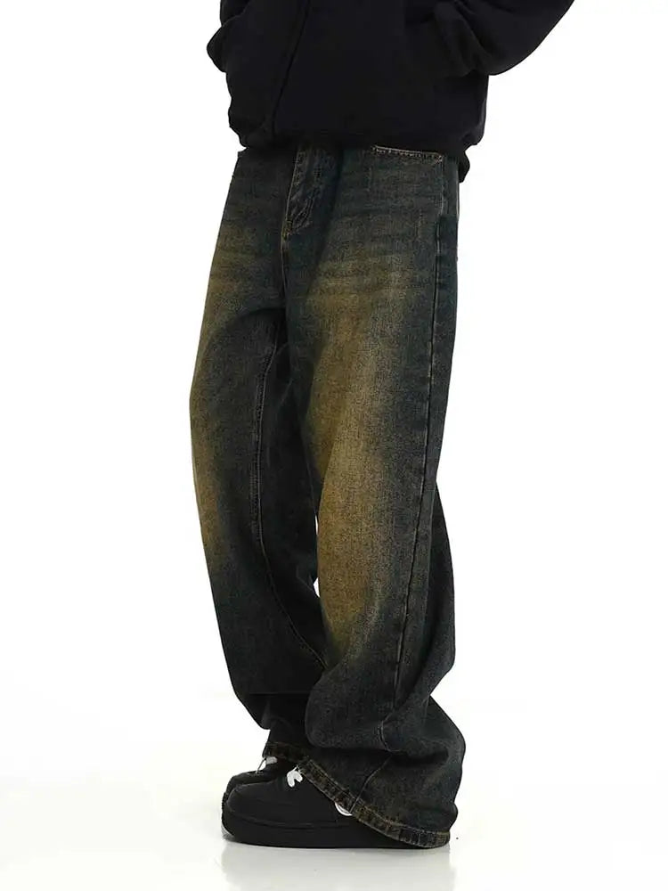 Plus Size Green Wash Baggy Jeans Men Adjust-waist Wide Leg