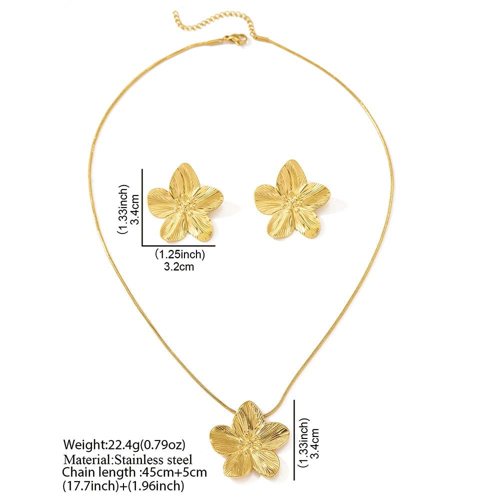 Stainless Steel Jewelry Set French Vintage Flower Necklace Earrings Exaggerated