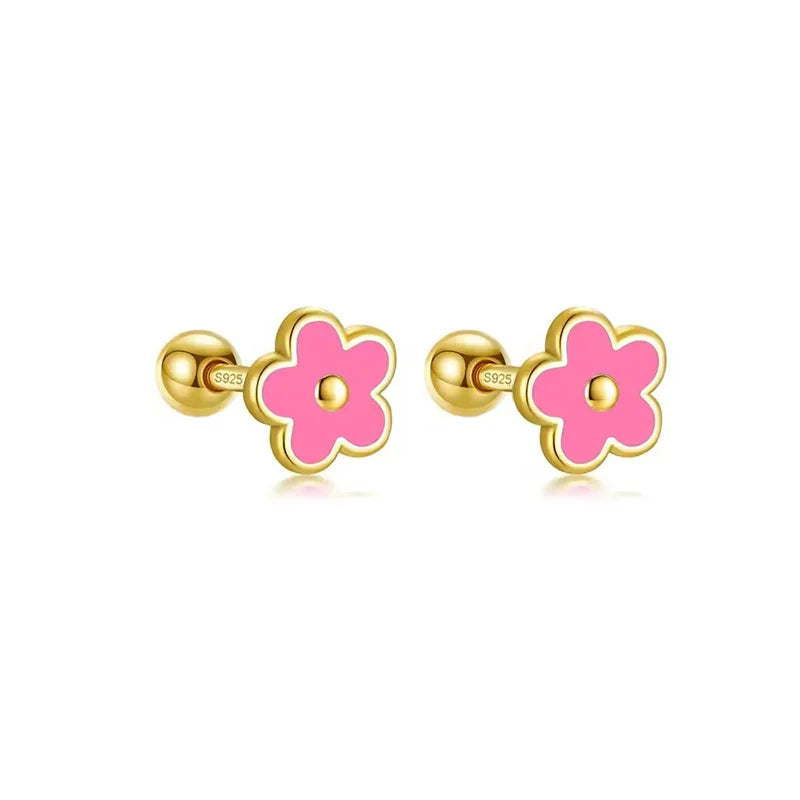 WANTME 925 Sterling Silver Romantic White Enamel Flower Screw Bead Stud Earrings for Women Fashion Simple Piercing Jewelry Gift