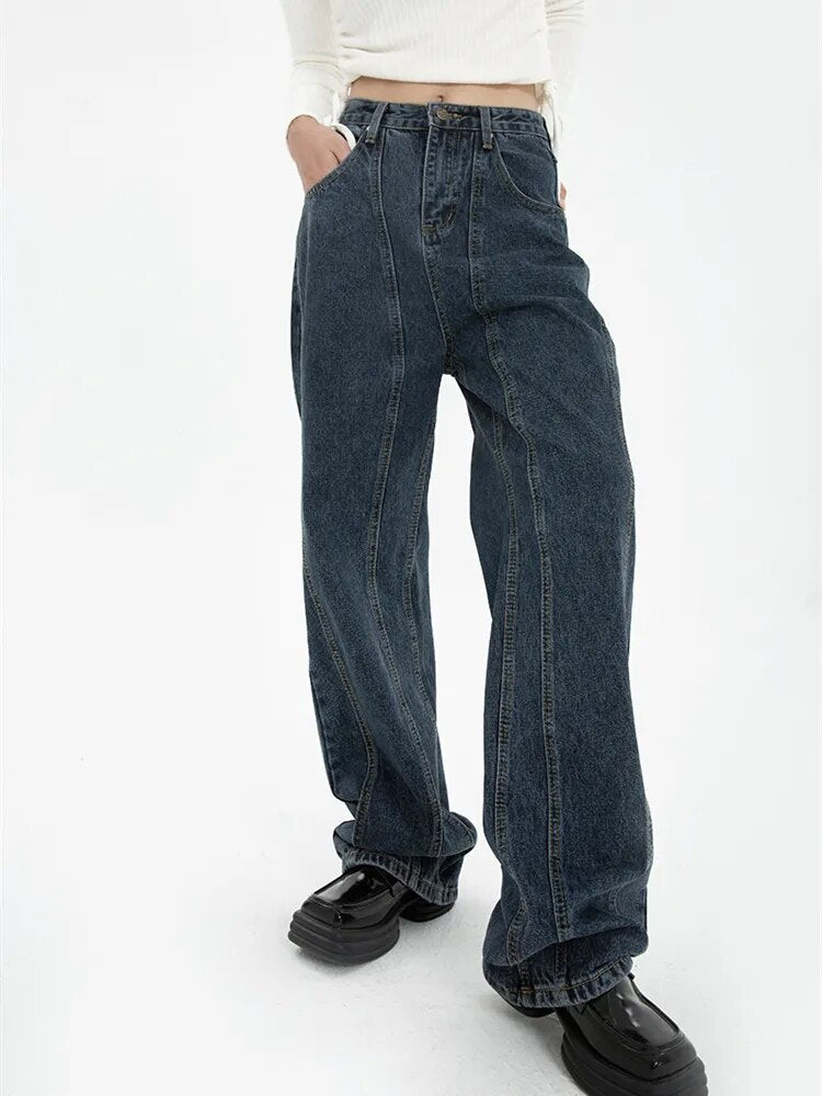 Dark Blue Womens Jeans High Waist Vintage Straight Baggy Denim Pants Streetwear