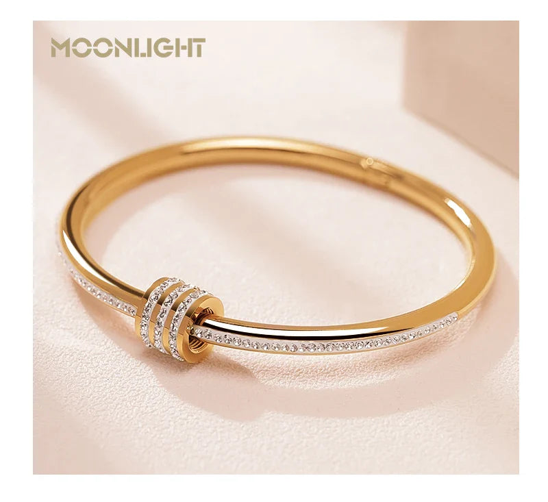 MOONLIGHT Classic Stainless Steel Zircon Bangle For Women Circular Screw Bracelet Female Jewelry Gifts Fashion Accessories