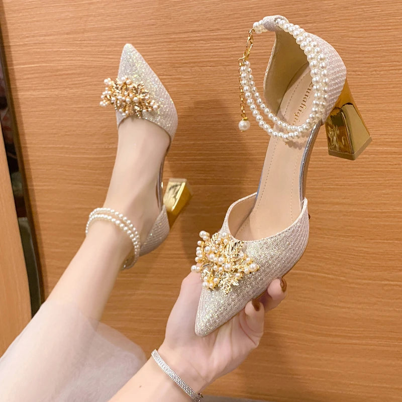 Ladies Shoes Fashion Pointed Metal Beaded Solid Women's High Heels