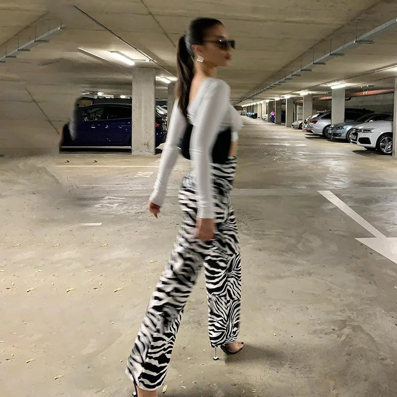 Zebra Print Wide Leg Pants Y2K Trousers High Waist Women Fashion Casual