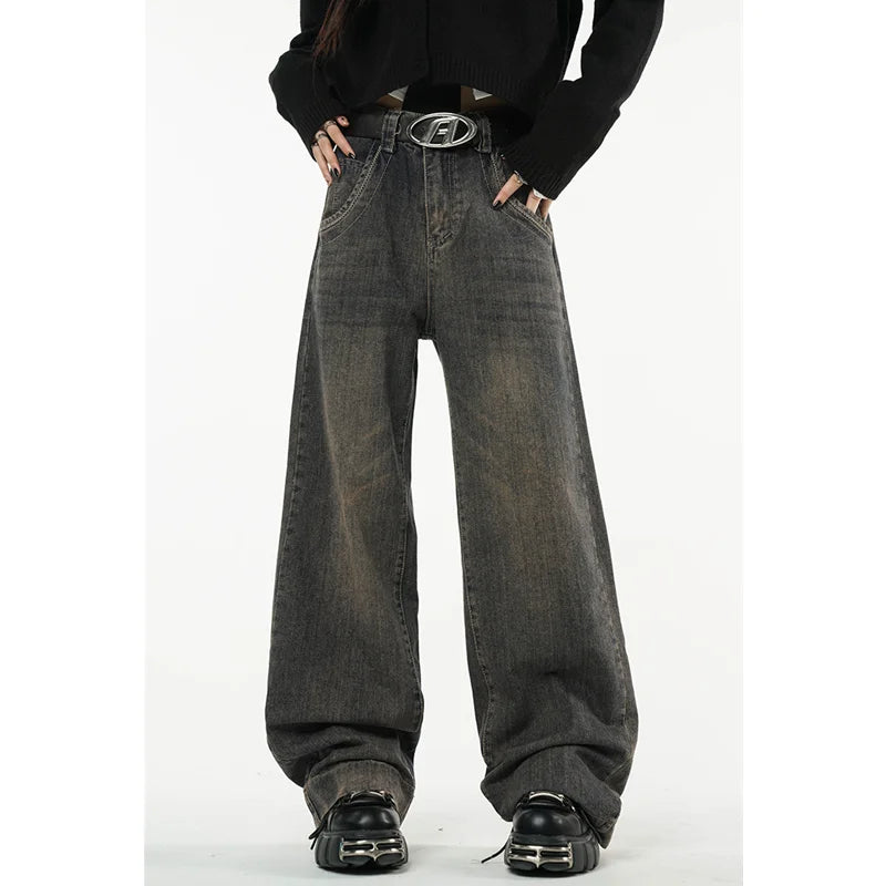 Winter Vintage Dark Blue High Waist Women Jeans American Fashion Streetwear