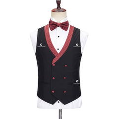 Cenne Des Graoom Elegant Suits for Men Black and Red Tuxedo Jacket Vest Pants